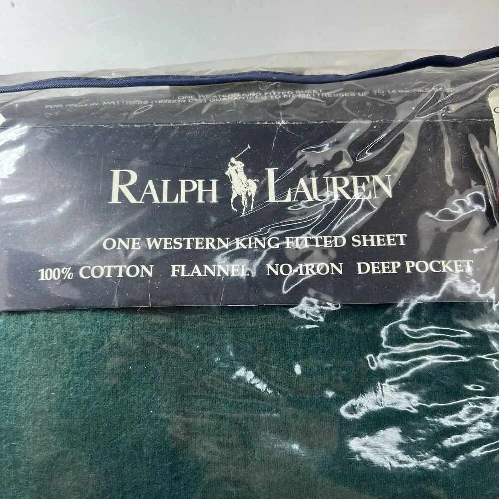 VTG Ralph Lauren Solid WOODLAND Flannel Green KING FLAT Sheet 100% Cotton USA